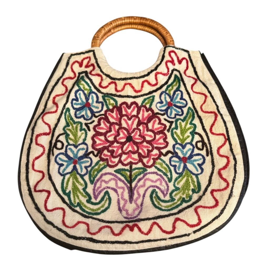 Vtg Crewel Embroidered Floral Bamboo Handles Boho Purse Bag